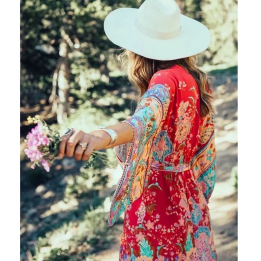 SOLD OUT Bohemian Red Floral Gypsy Kimono Long Maxi Dress - Picture 10 of 16